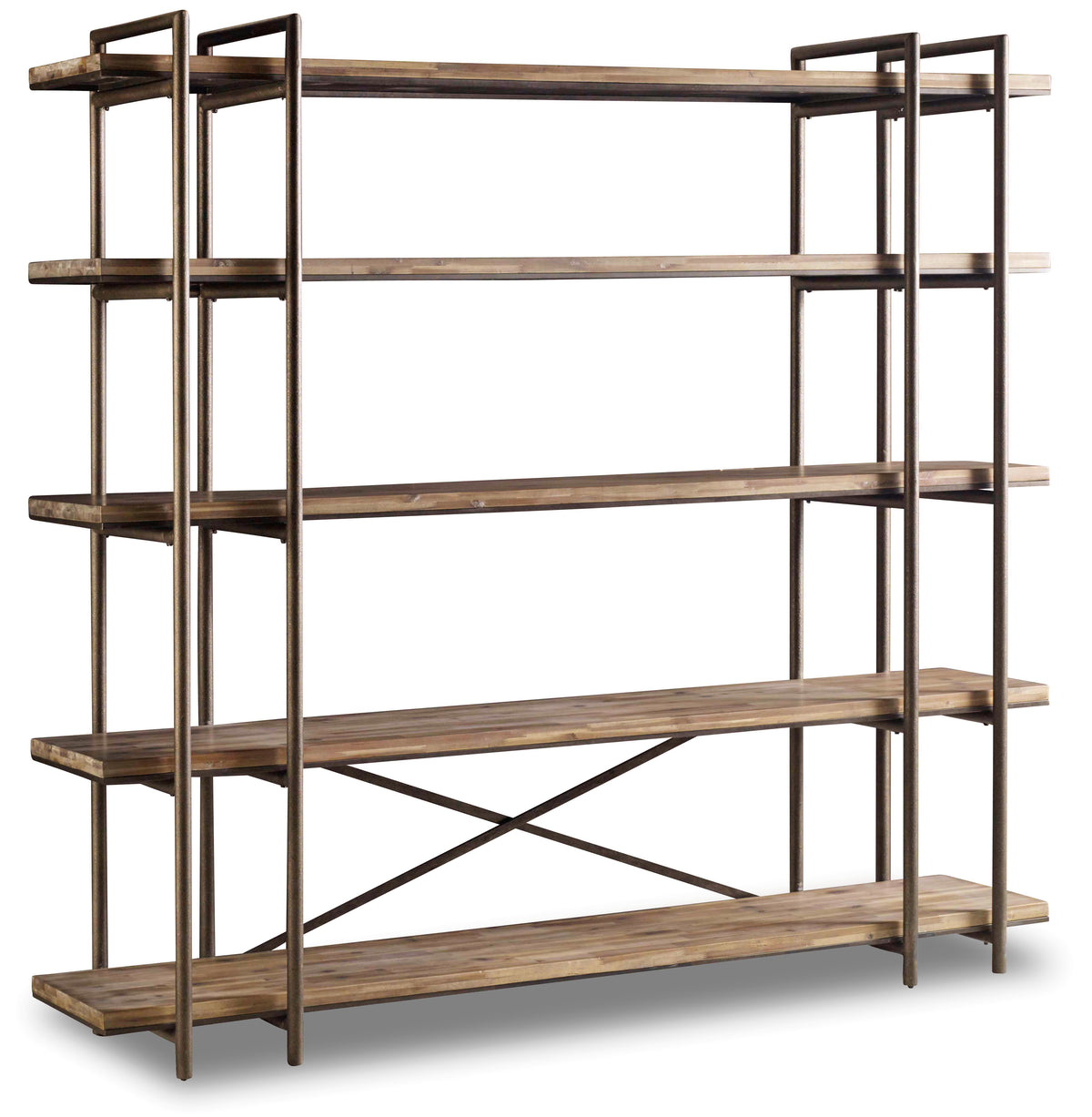 a wooden shelf with metal frame