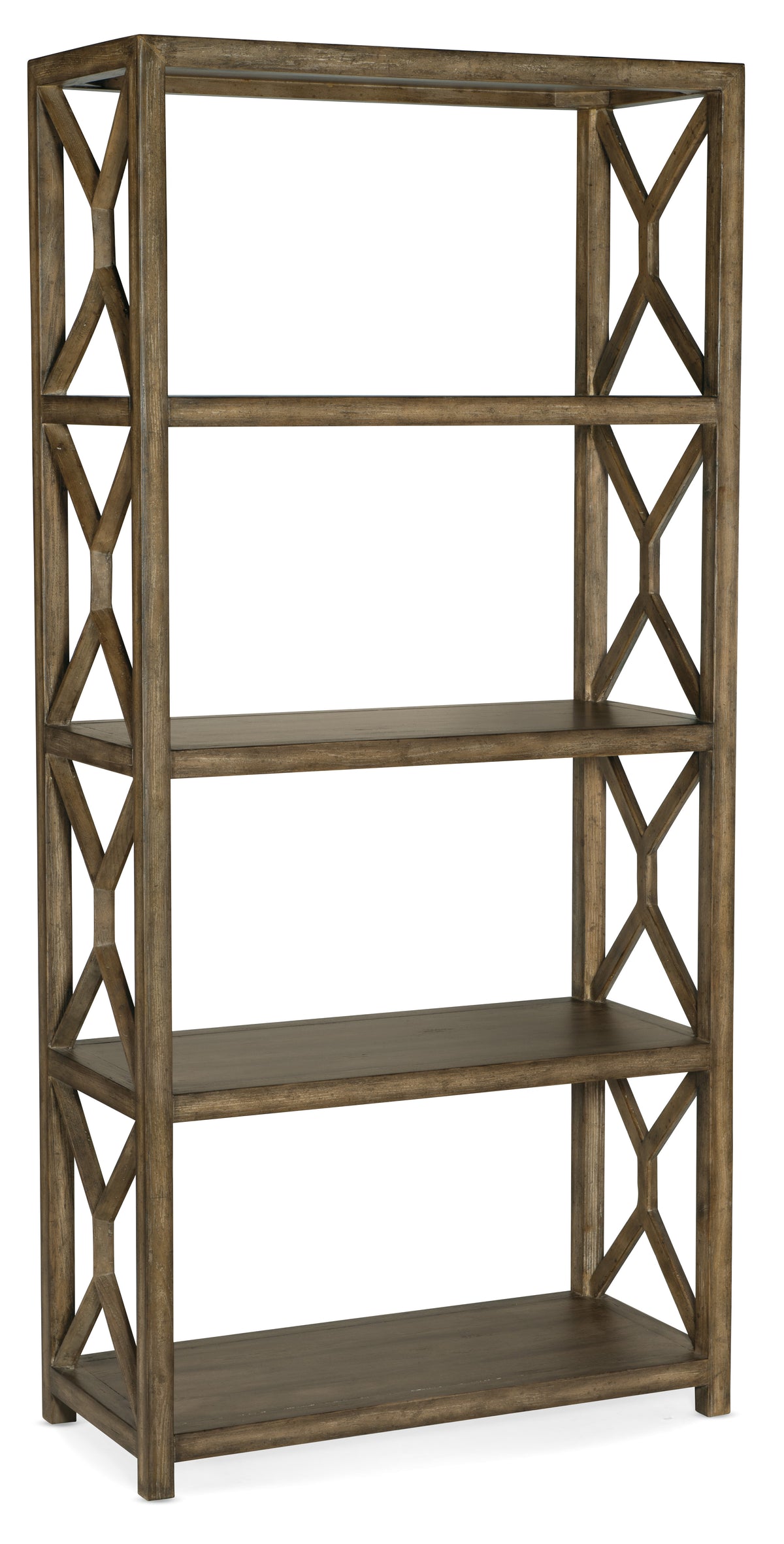 a wooden shelf with a cross design