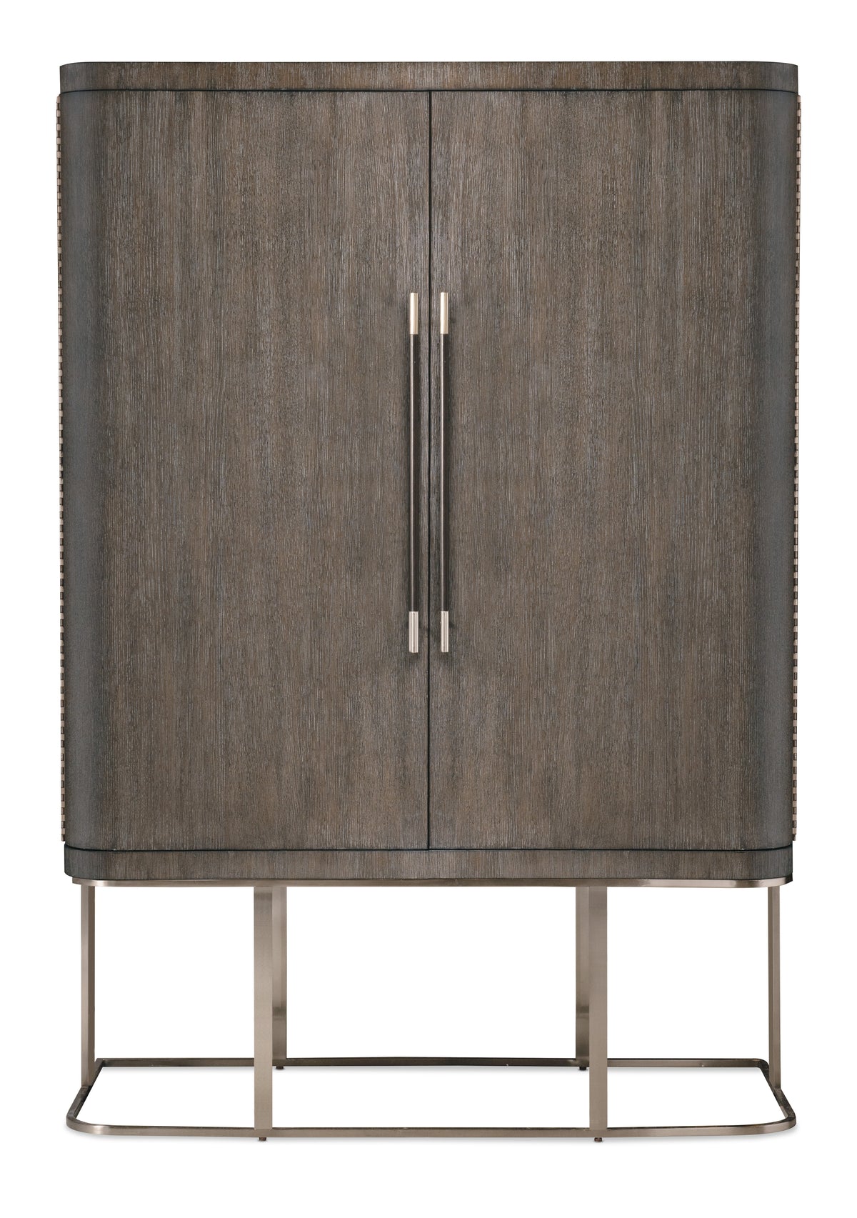 a brown cabinet with silver legs