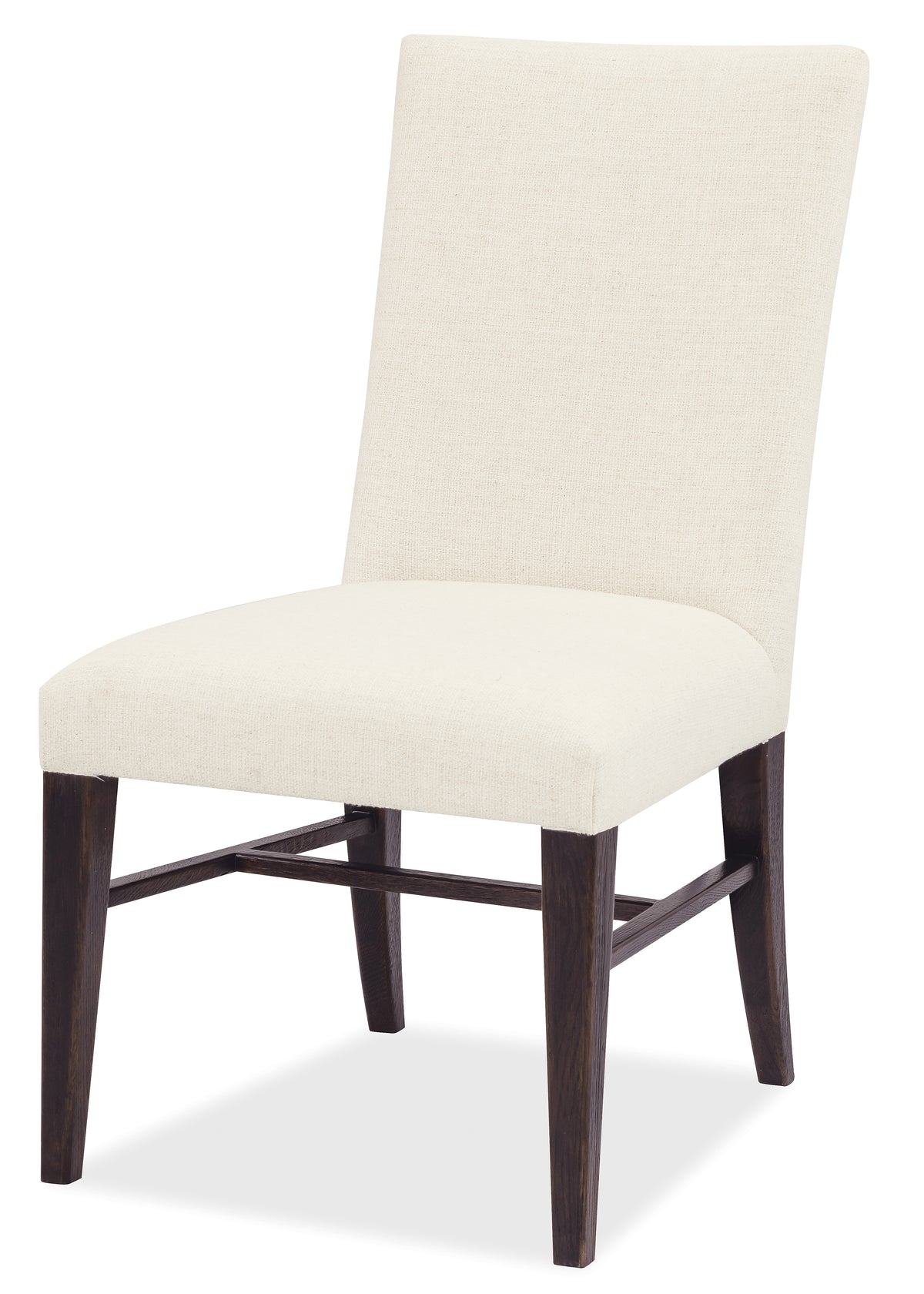 a white chair with a dark wood frame