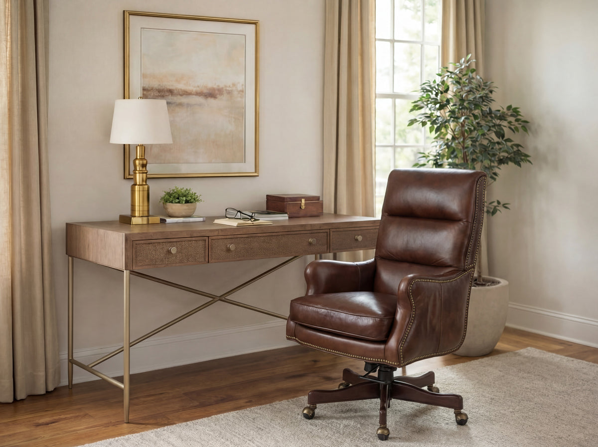 a brown leather chair next to a desk