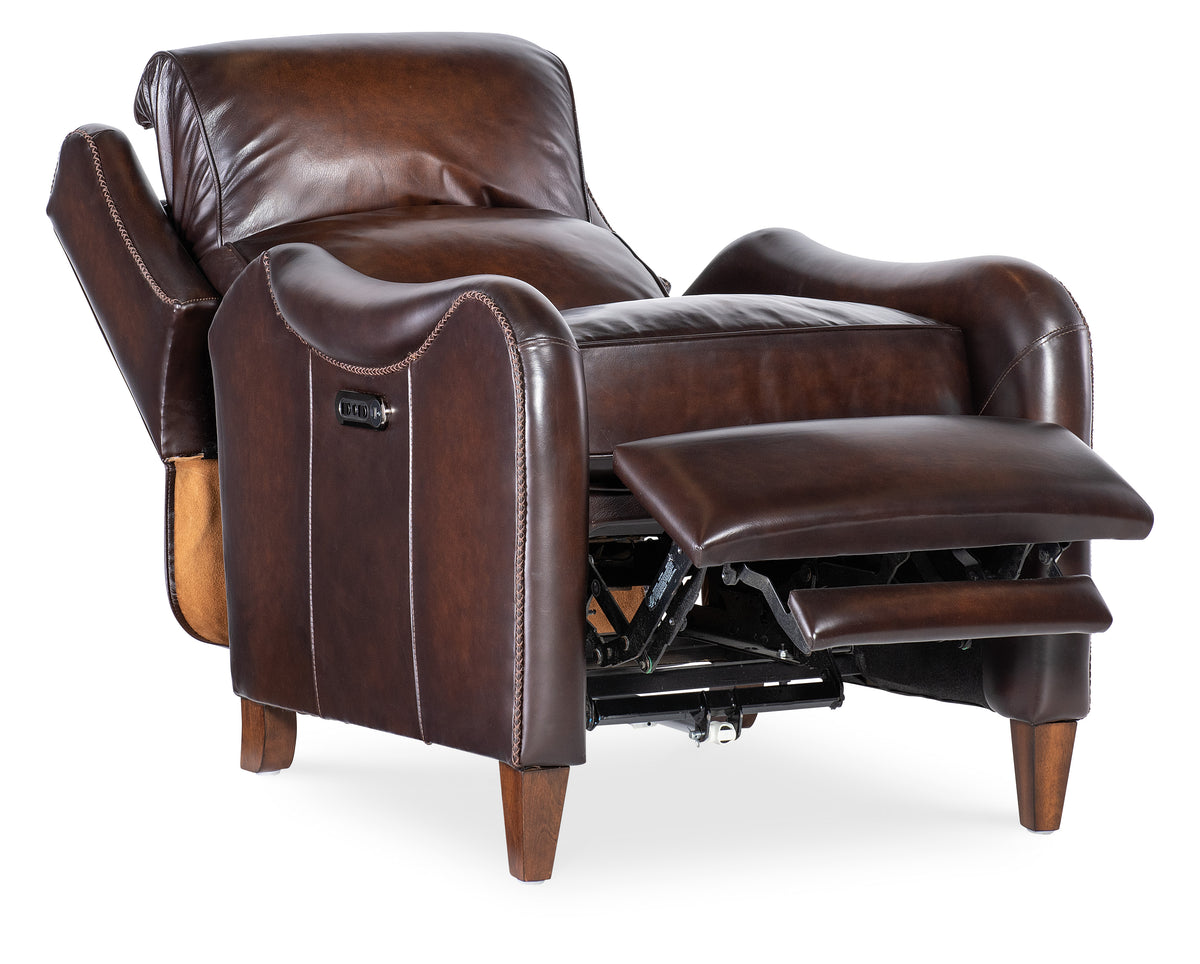 a brown leather recliner with a foot rest