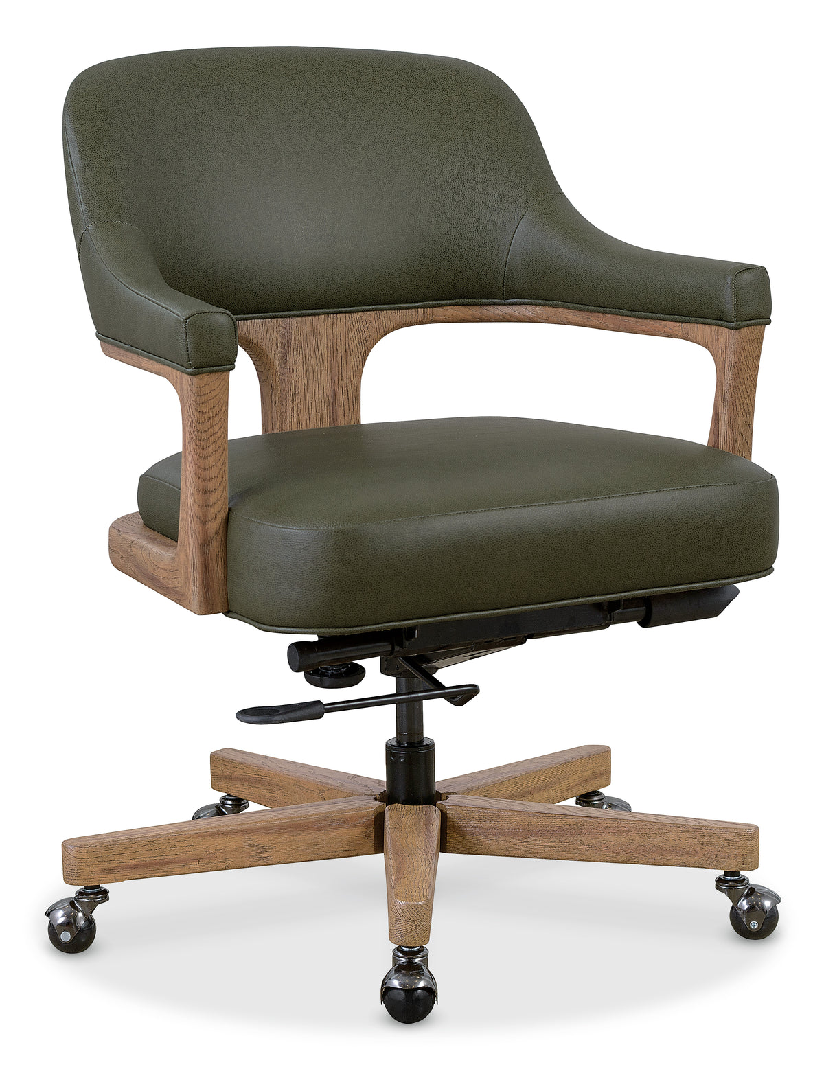 a green office chair with wheels