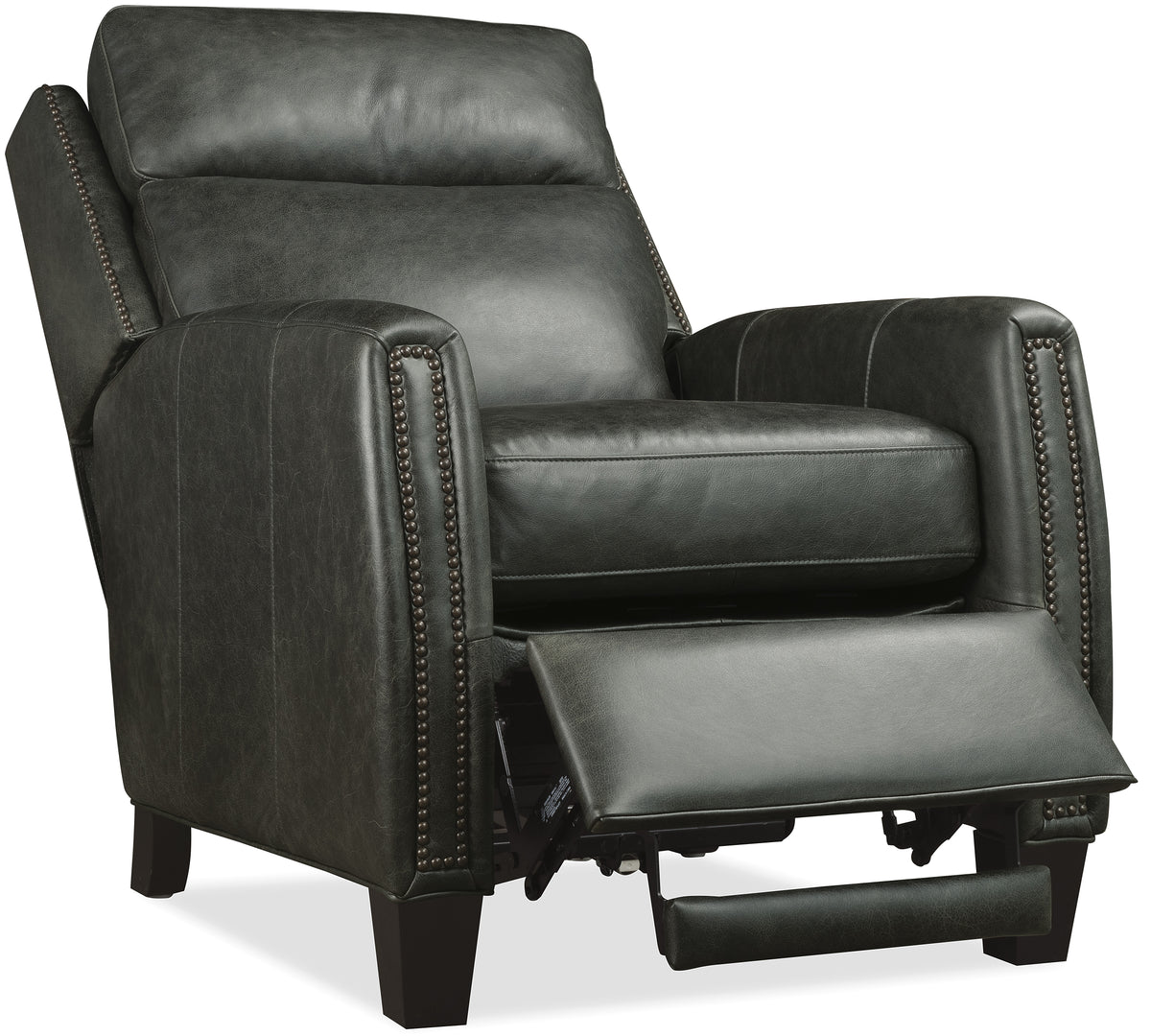 a black leather recliner with a white background