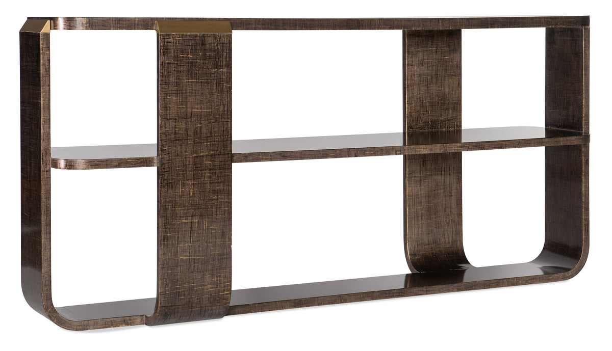 a brown shelf with glass shelves