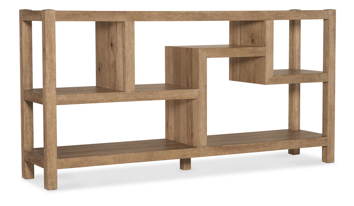 a wooden shelf with shelves