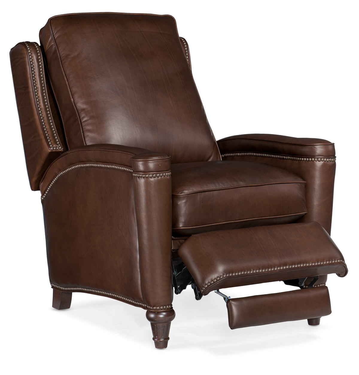 a brown leather recliner with a foot rest
