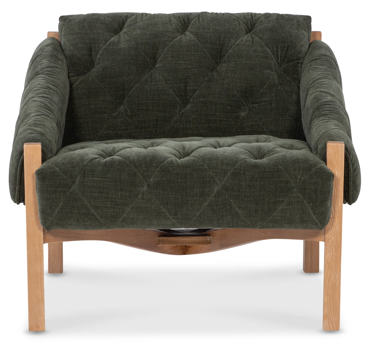 a green chair with wooden legs
