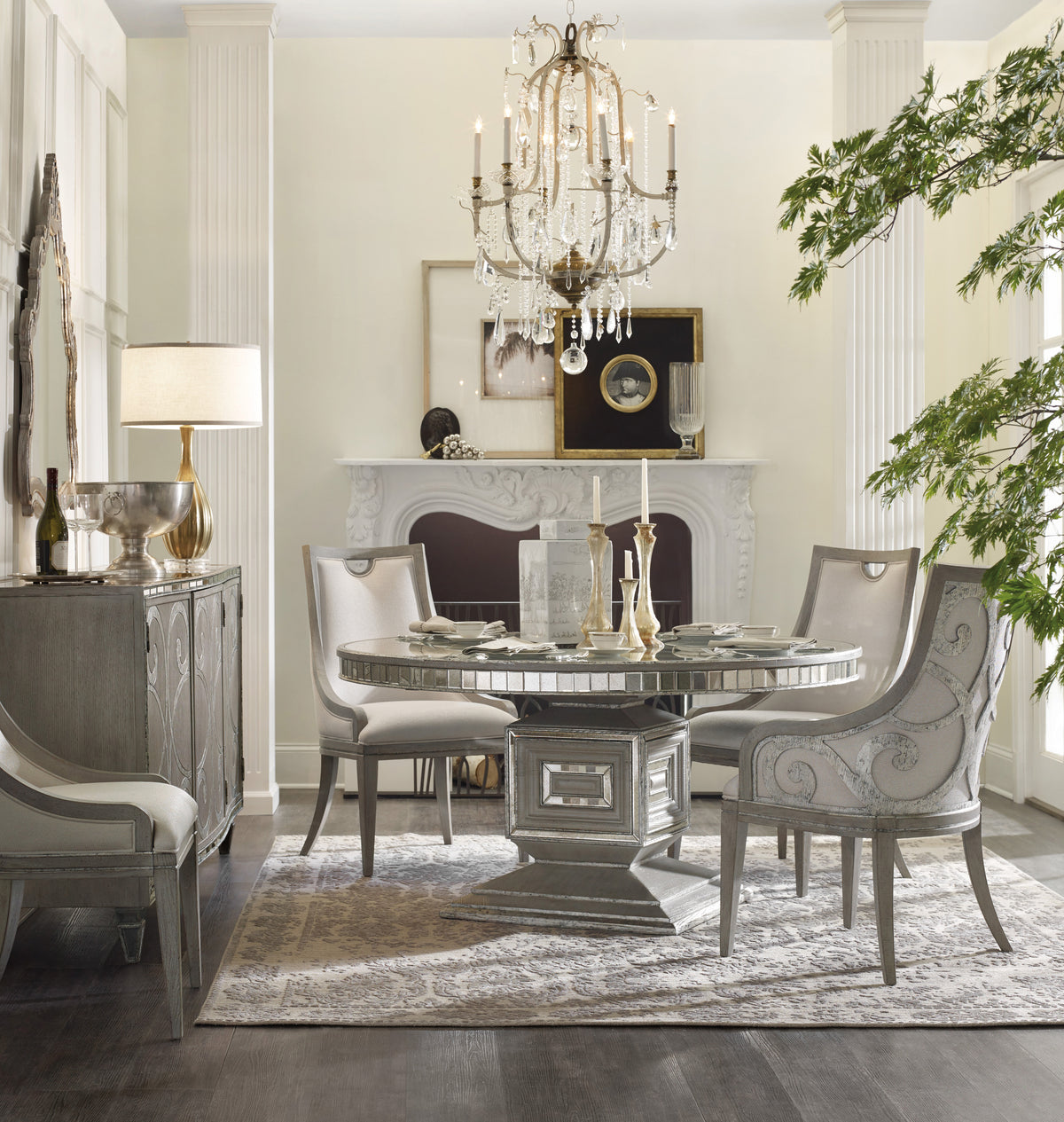 a dining room with a chandelier and a table