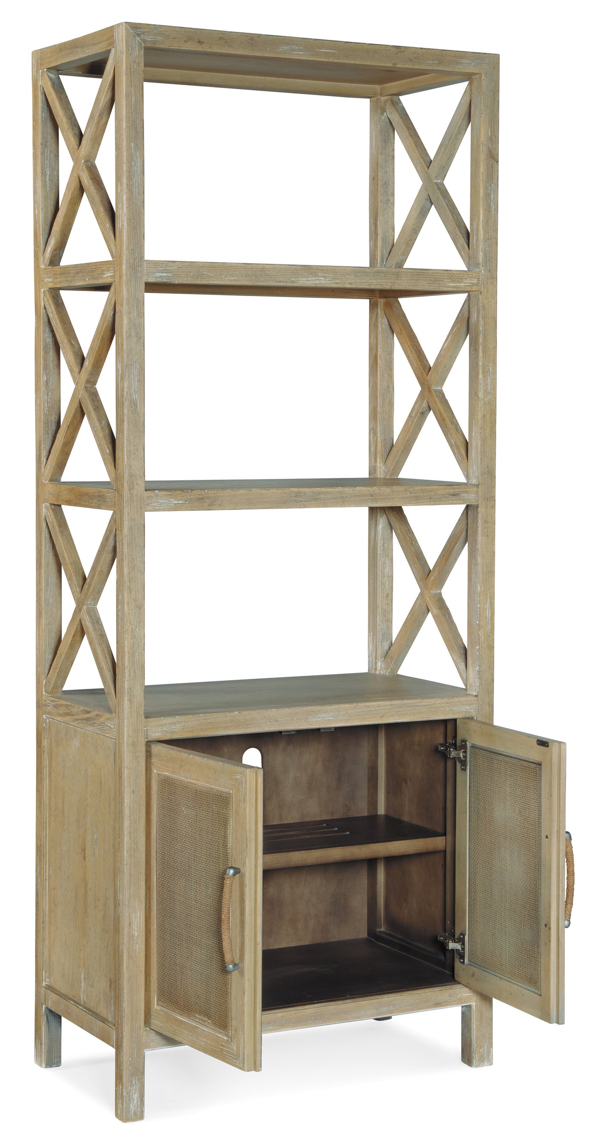 a wooden shelf with a door open