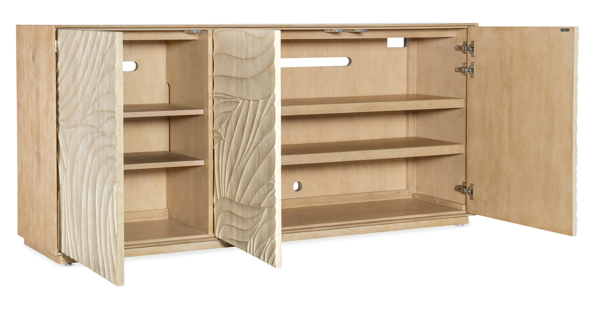 a wooden cabinet with open shelves