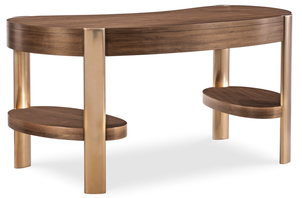a wooden table with a gold base
