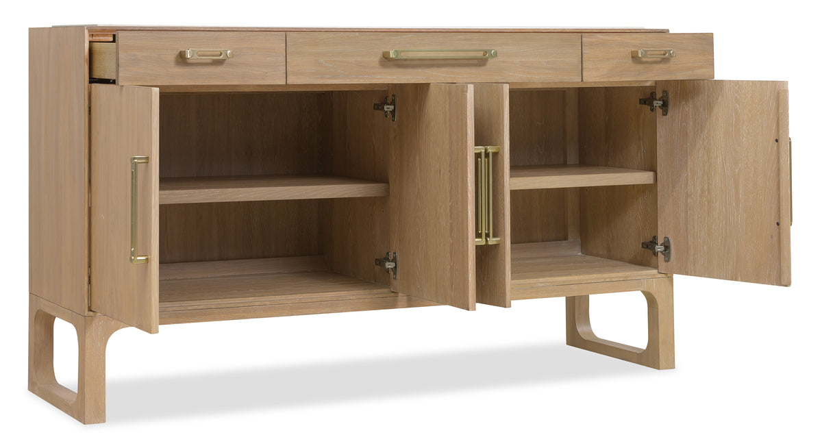 a wooden cabinet with open shelves
