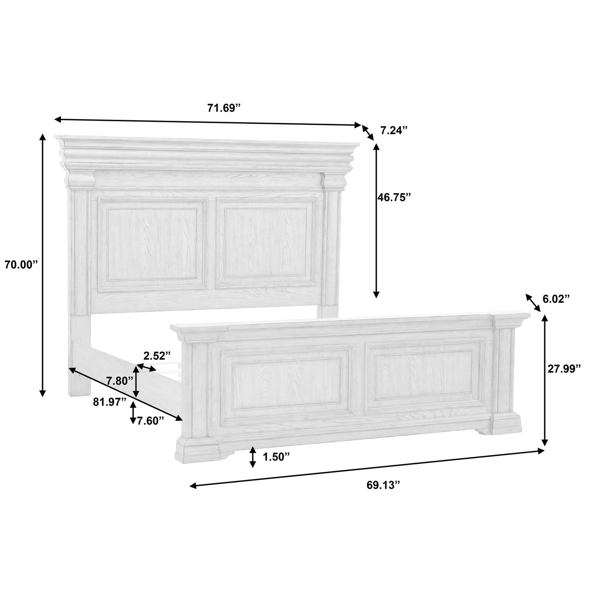 a white bed frame with sizes and measurements