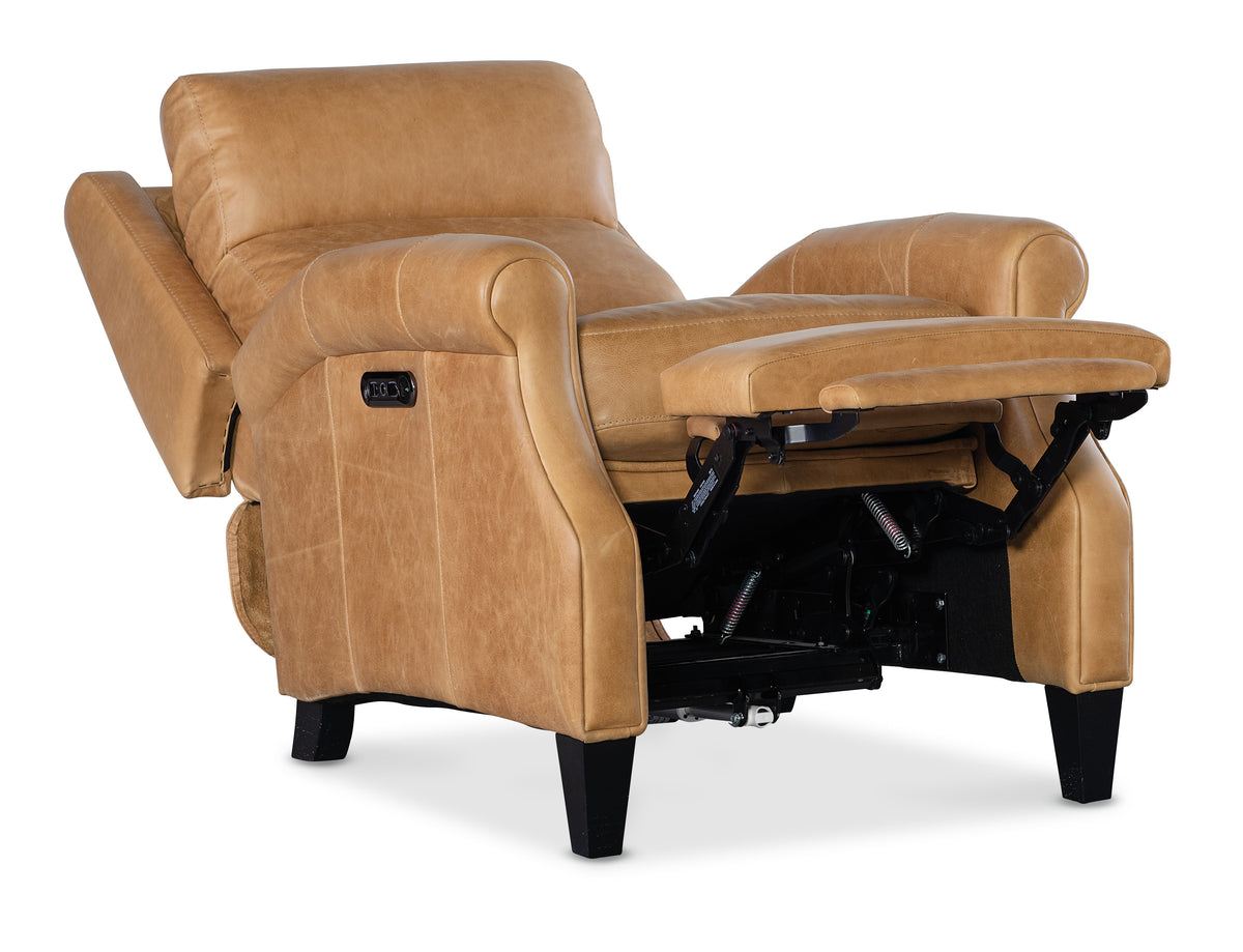 a tan leather recliner with black legs