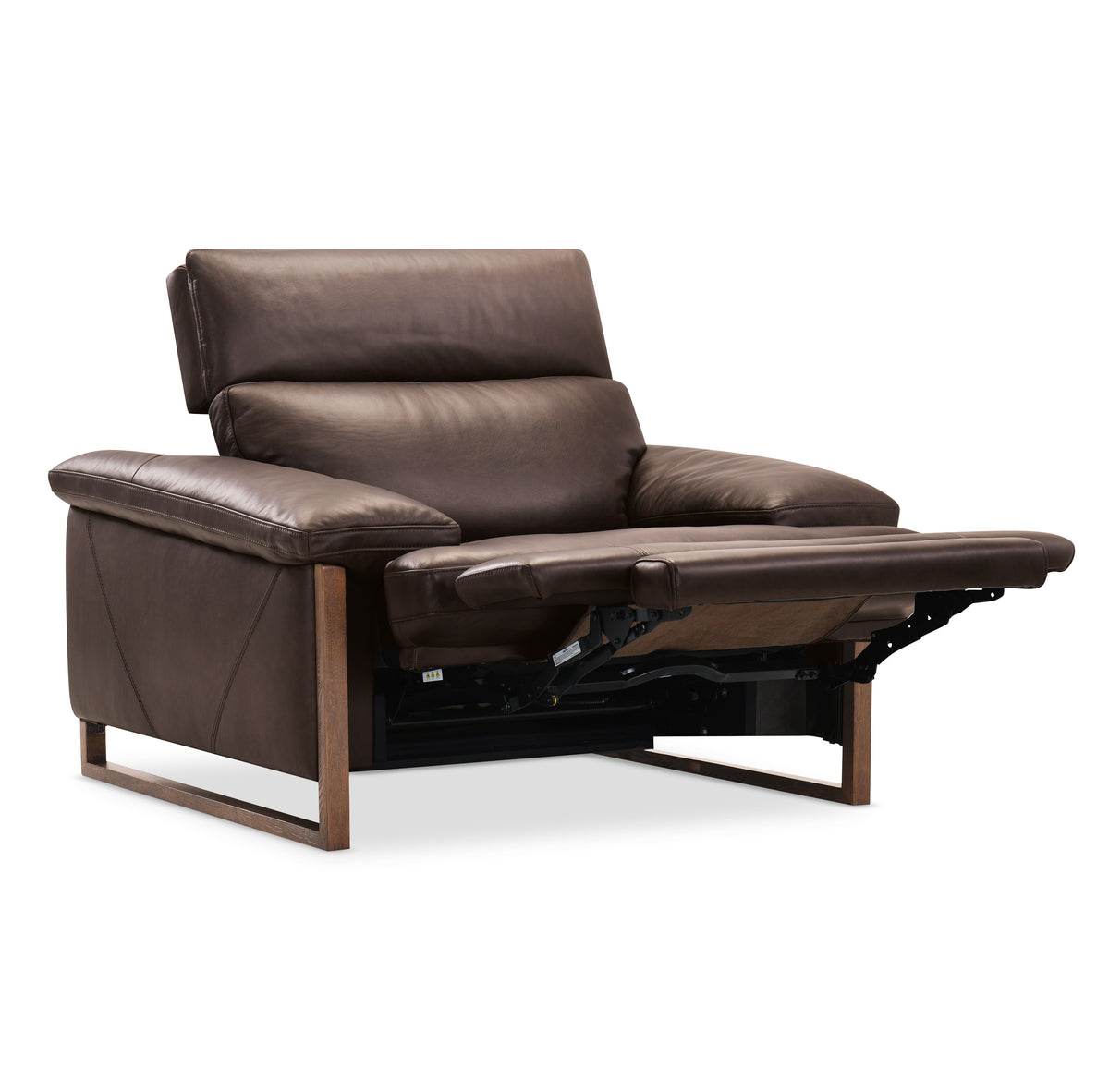 a brown leather recliner with a white background