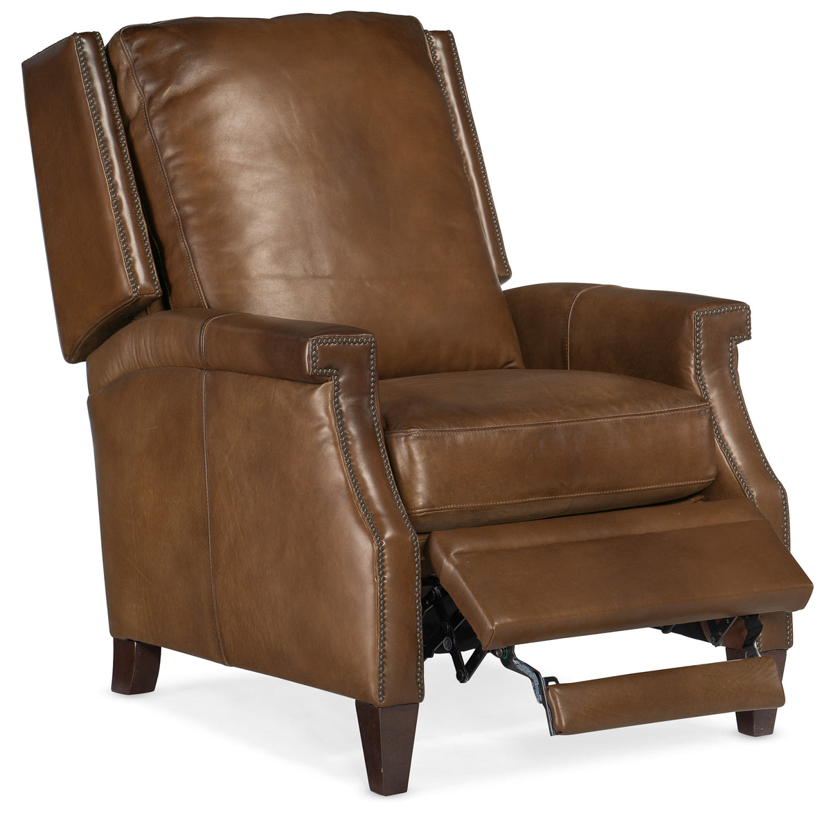 a brown leather recliner with a white background