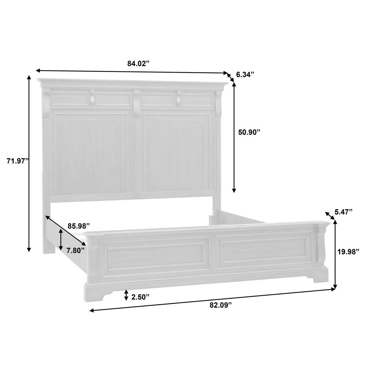 a white bed with sizes and measurements