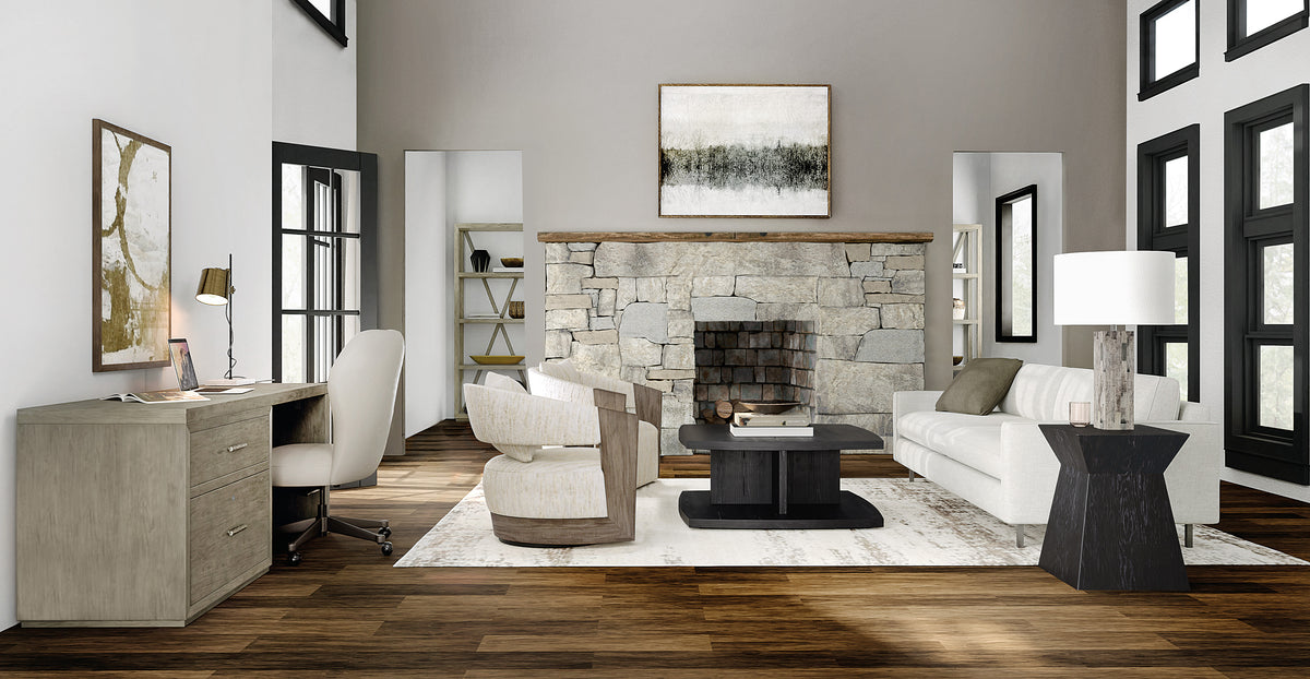 a living room with a fireplace and a couch