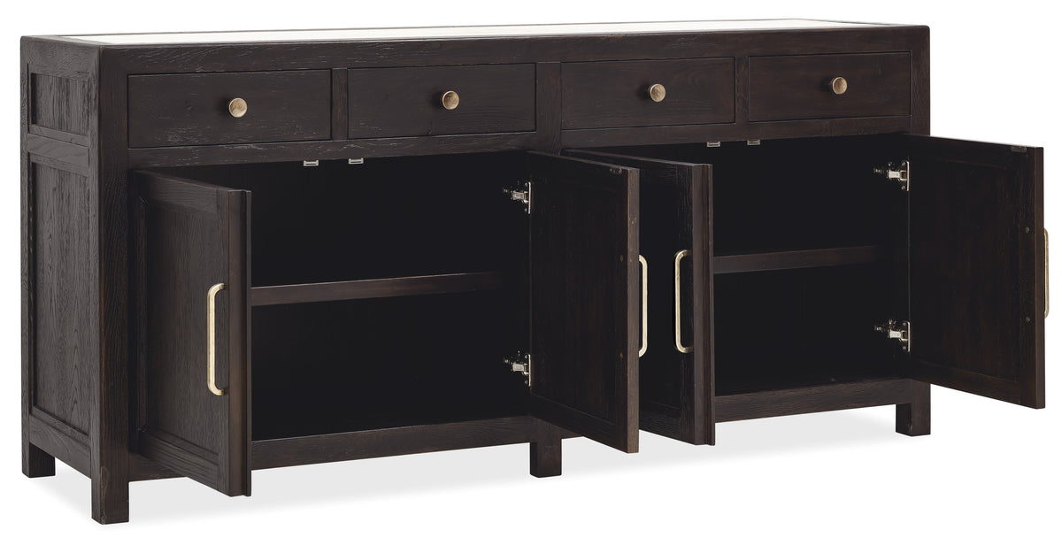 a black wooden cabinet with open doors