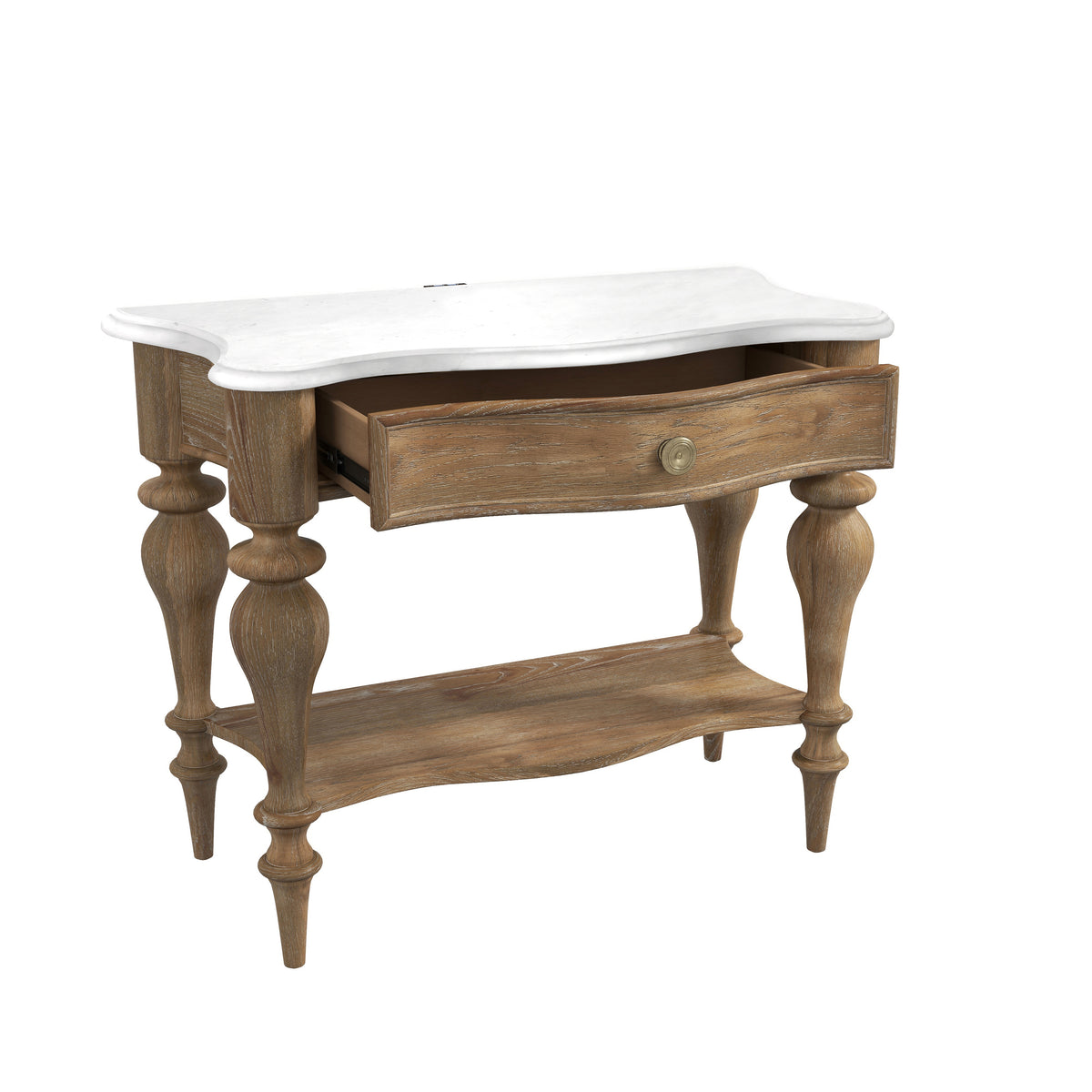 a wooden table with a drawer
