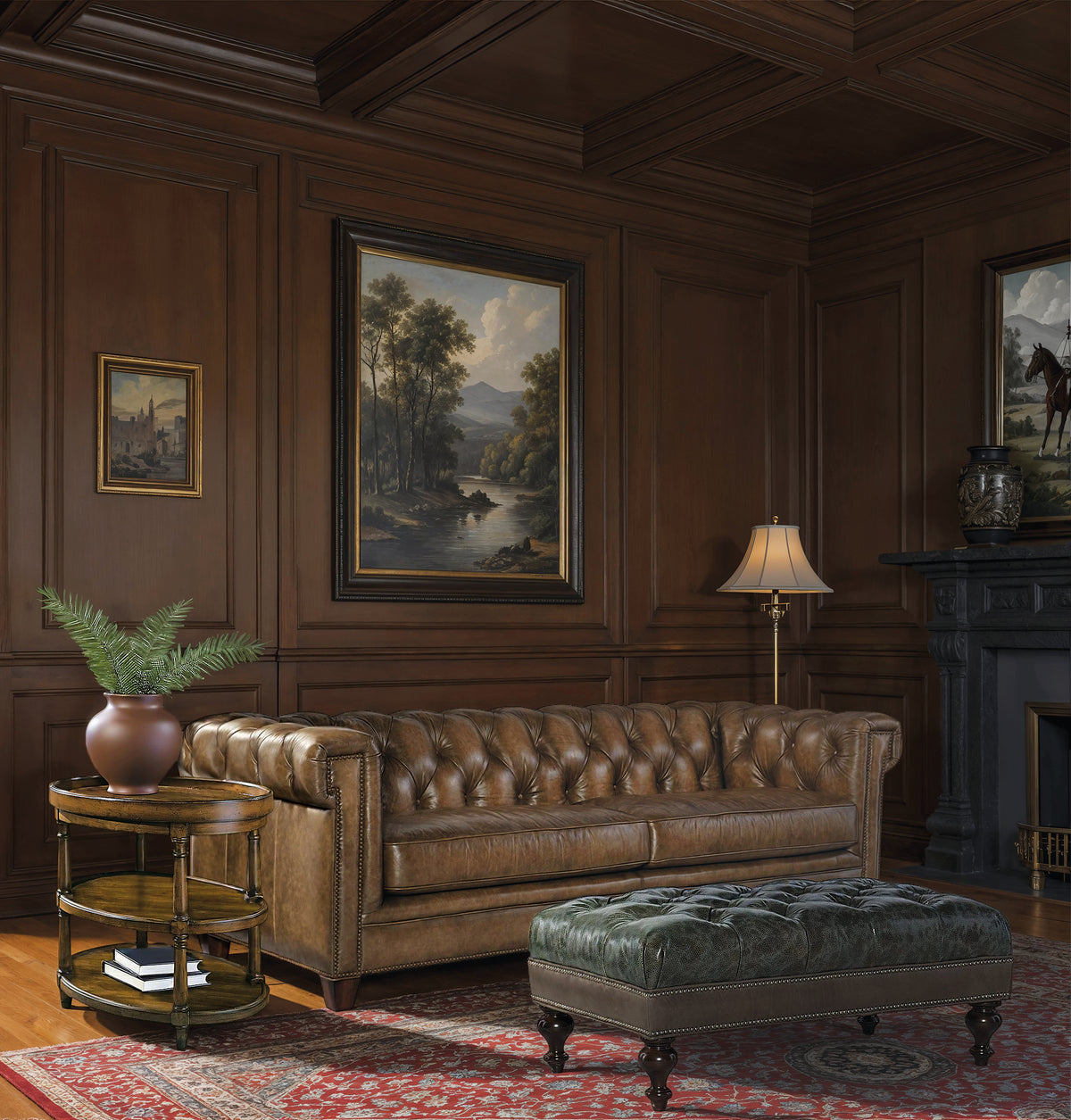 a room with a couch and a fireplace