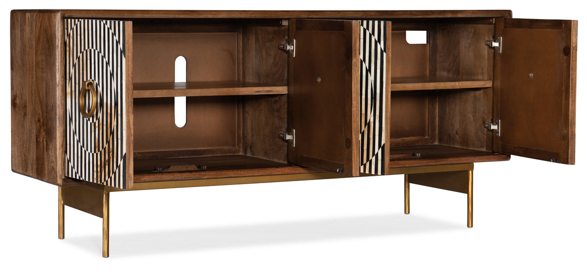 a brown wooden cabinet with open doors