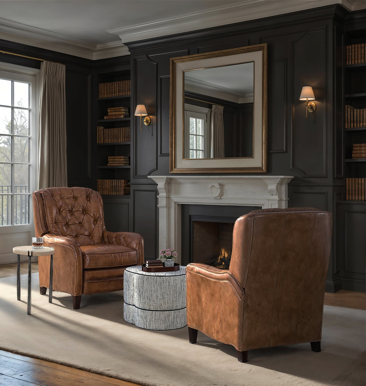 a room with a fireplace and chairs