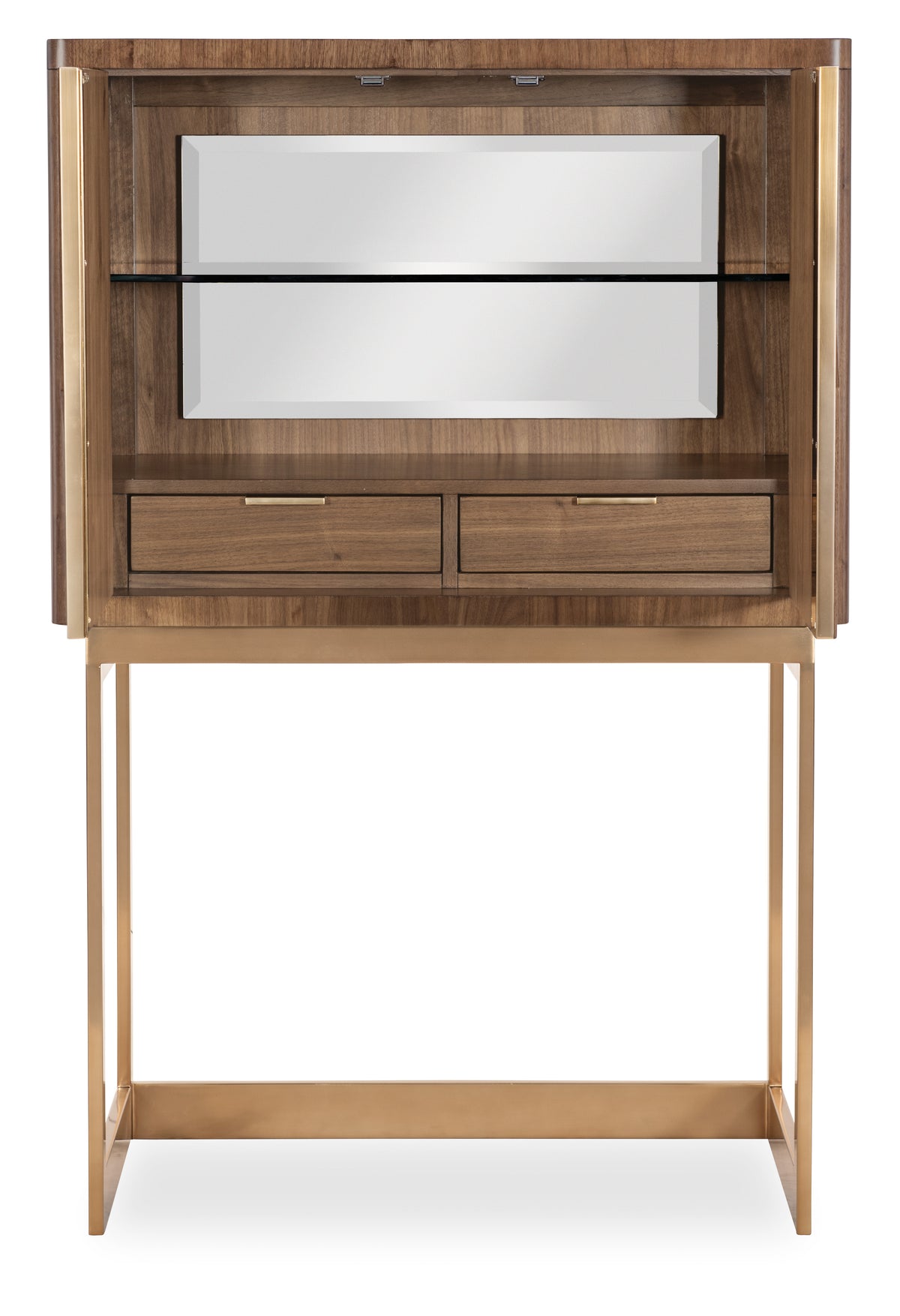 a wooden cabinet with a glass shelf