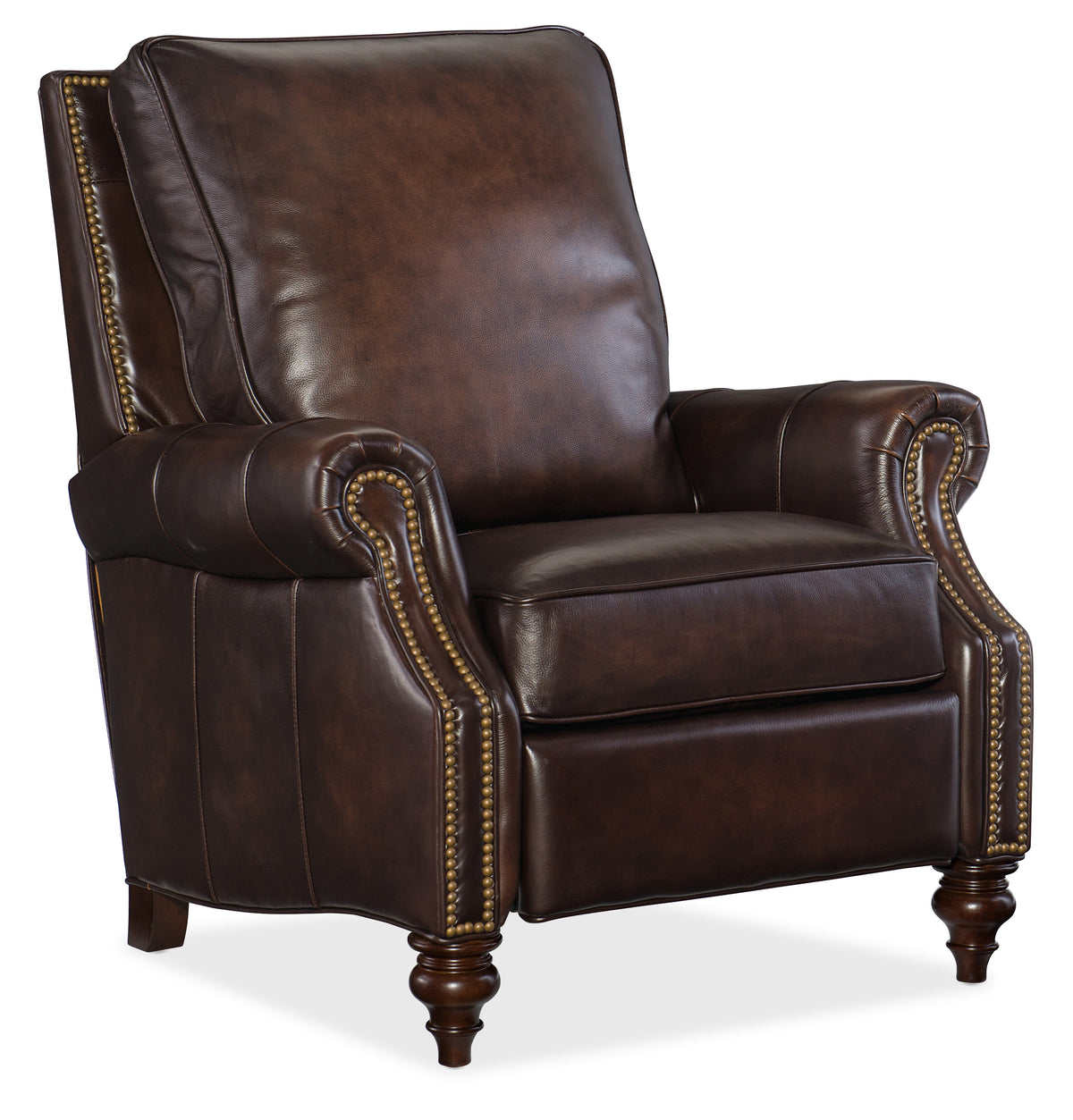 a brown leather chair with gold studs