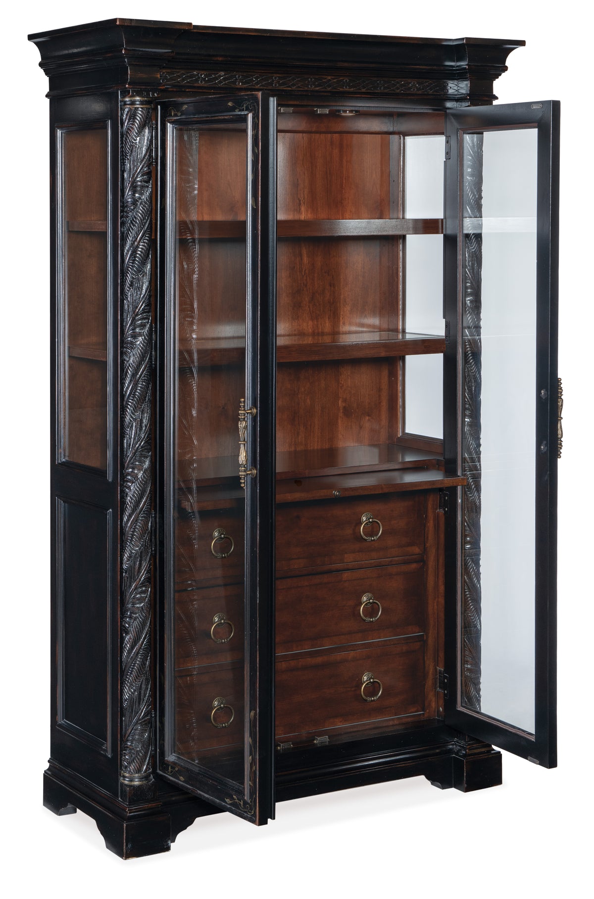 a wooden cabinet with glass doors