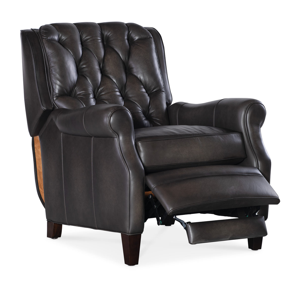 a black leather recliner with a white background