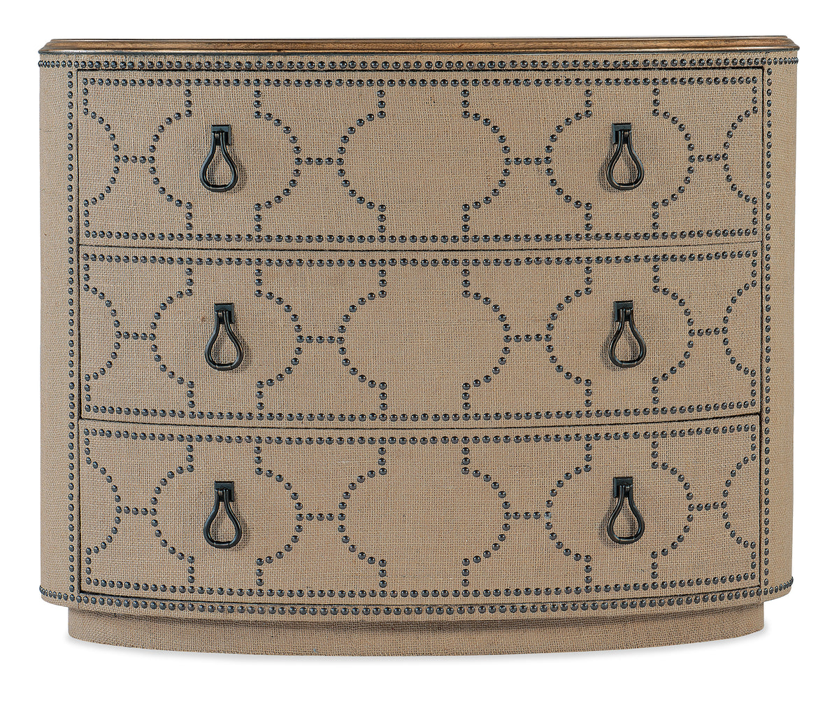 a burlap dresser with black handles
