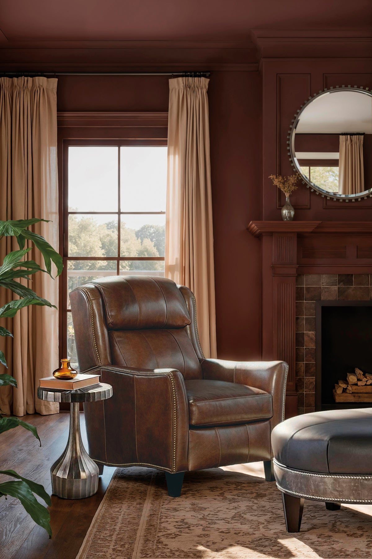 a brown leather chair in a living room