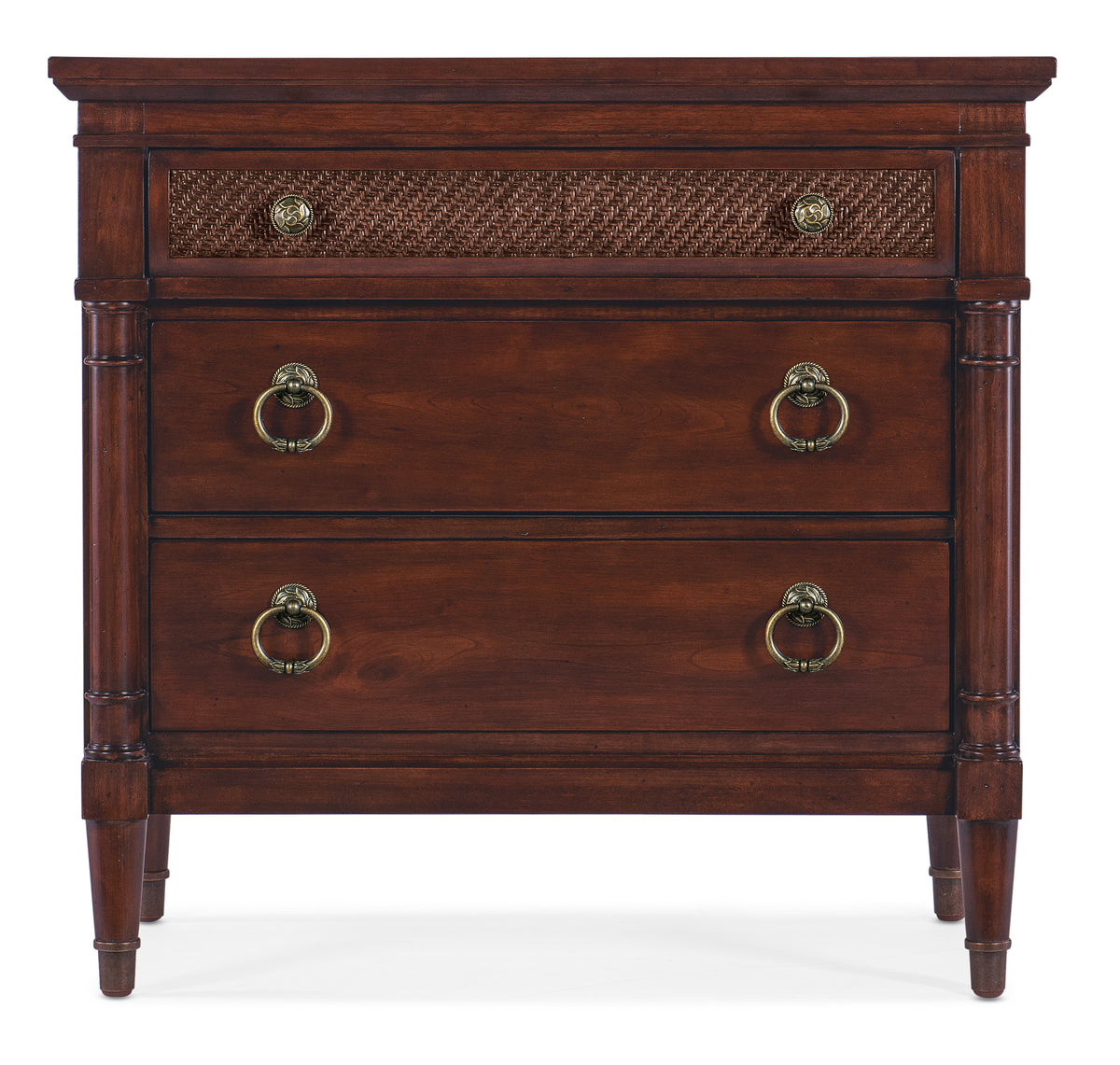 a brown dresser with gold handles