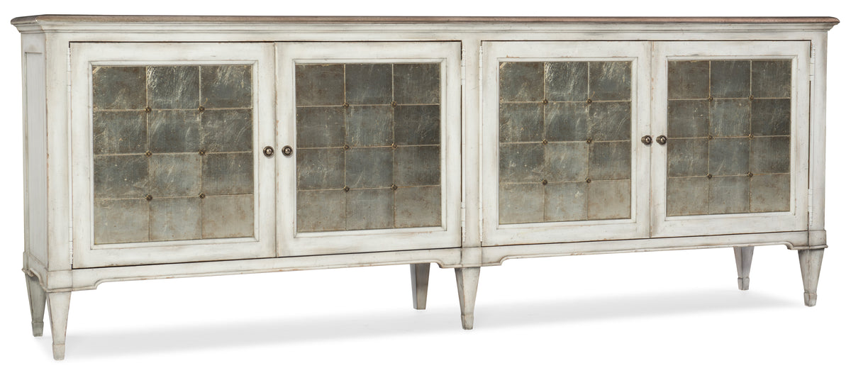 a white cabinet with glass doors