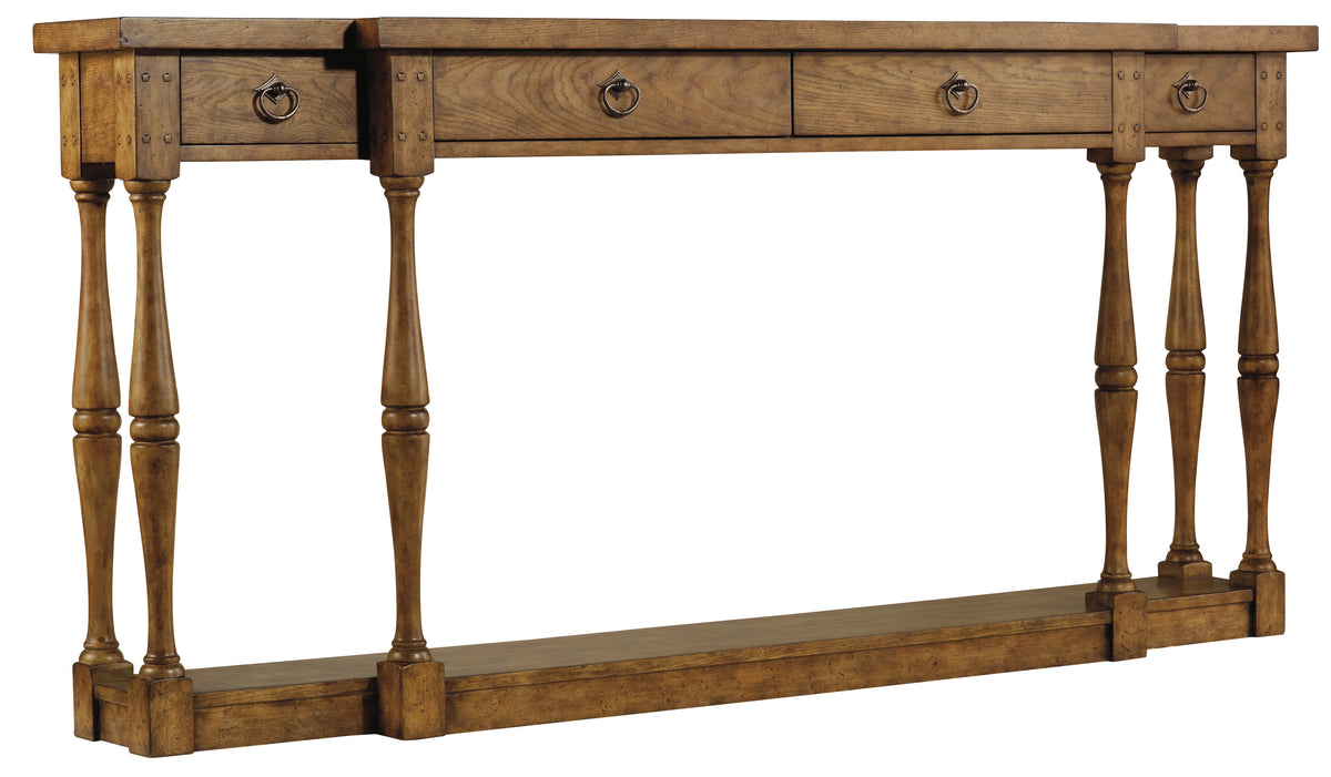 a wooden table with drawers