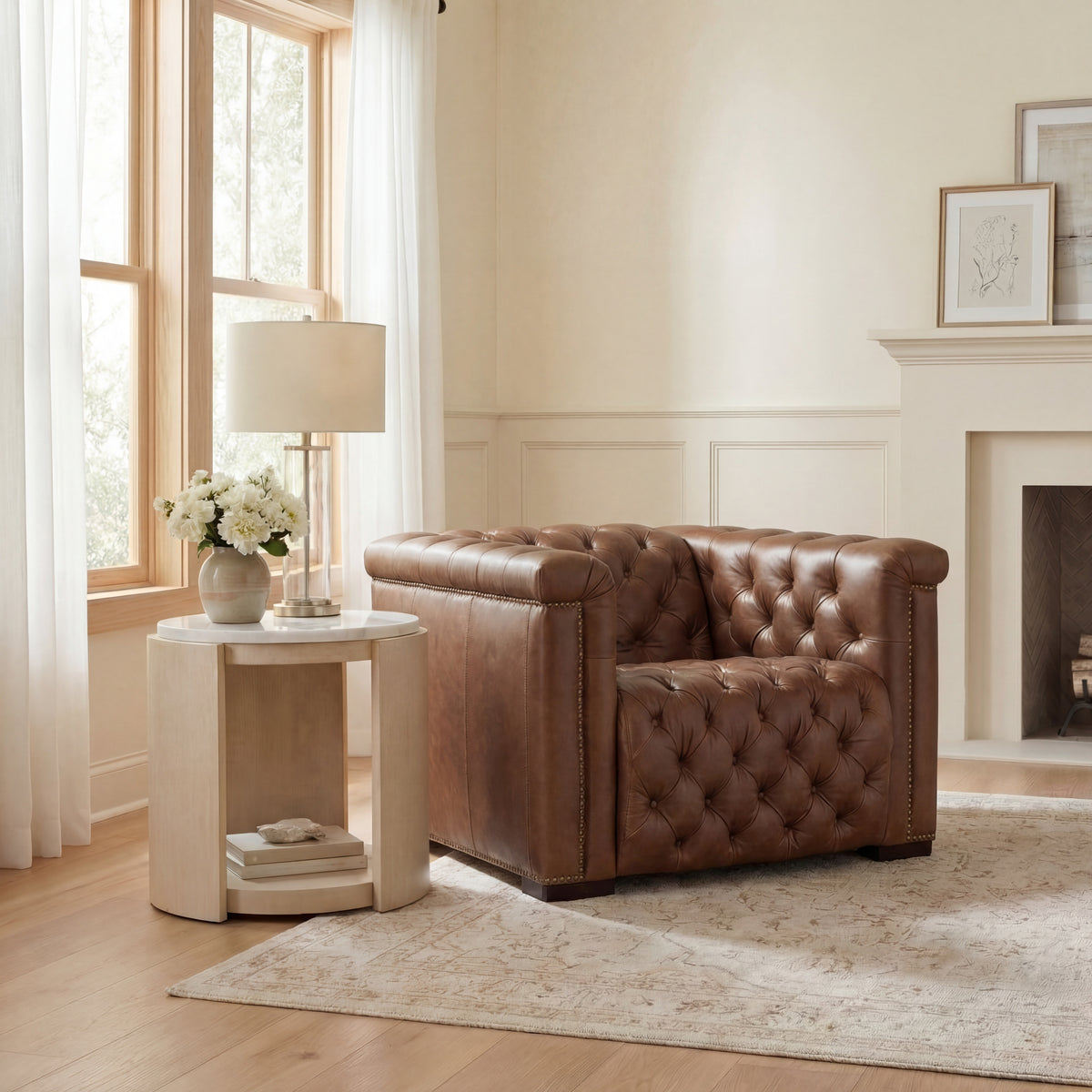 a living room with a leather chair and a fireplace