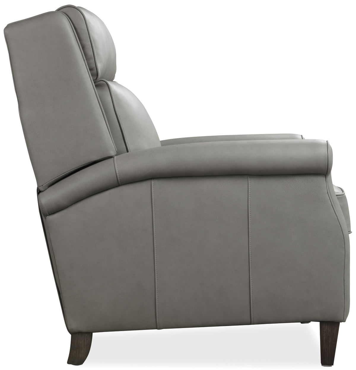 a grey leather chair with wooden legs
