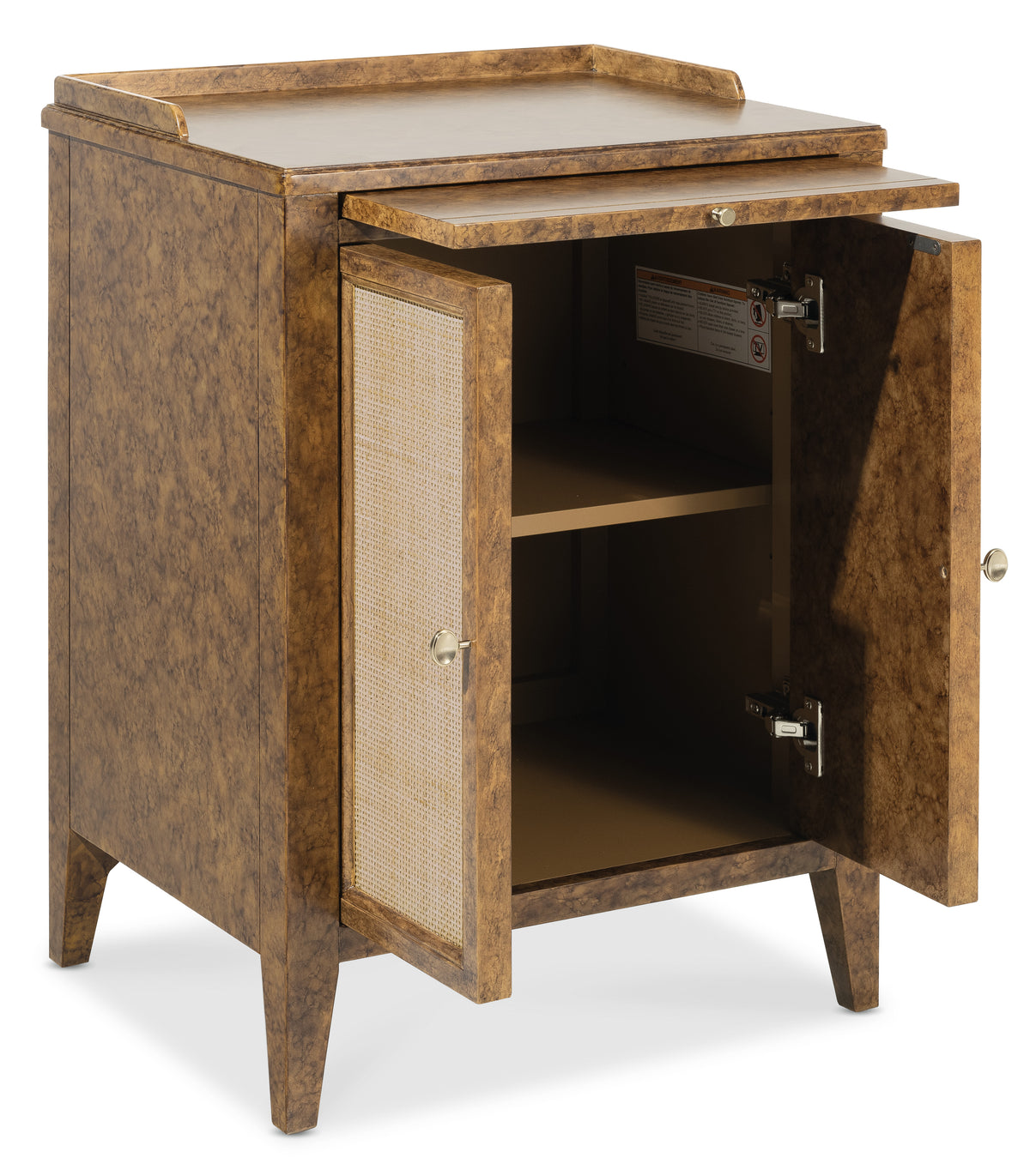 a brown cabinet with a door open