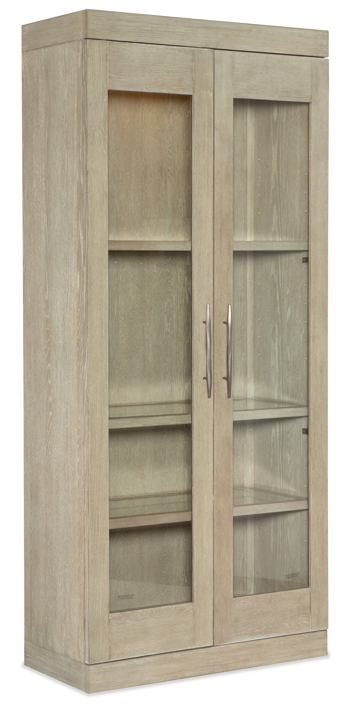 a wood cabinet with glass doors