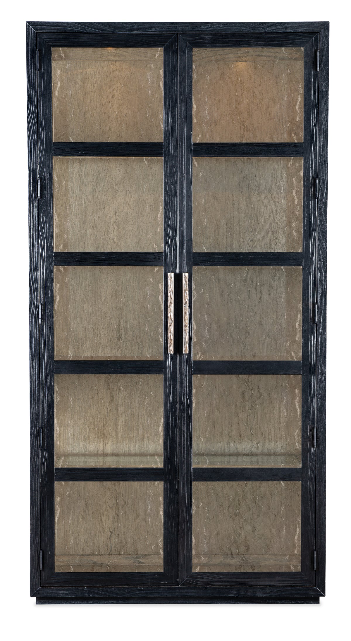 a black cabinet with glass doors