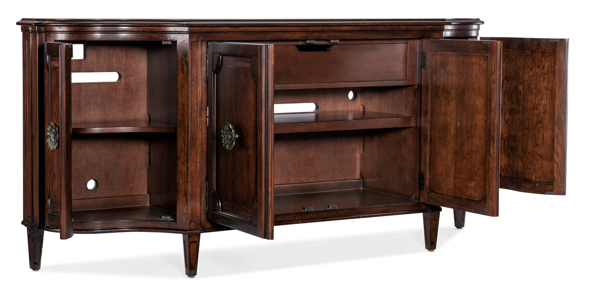 a brown wooden cabinet with open doors