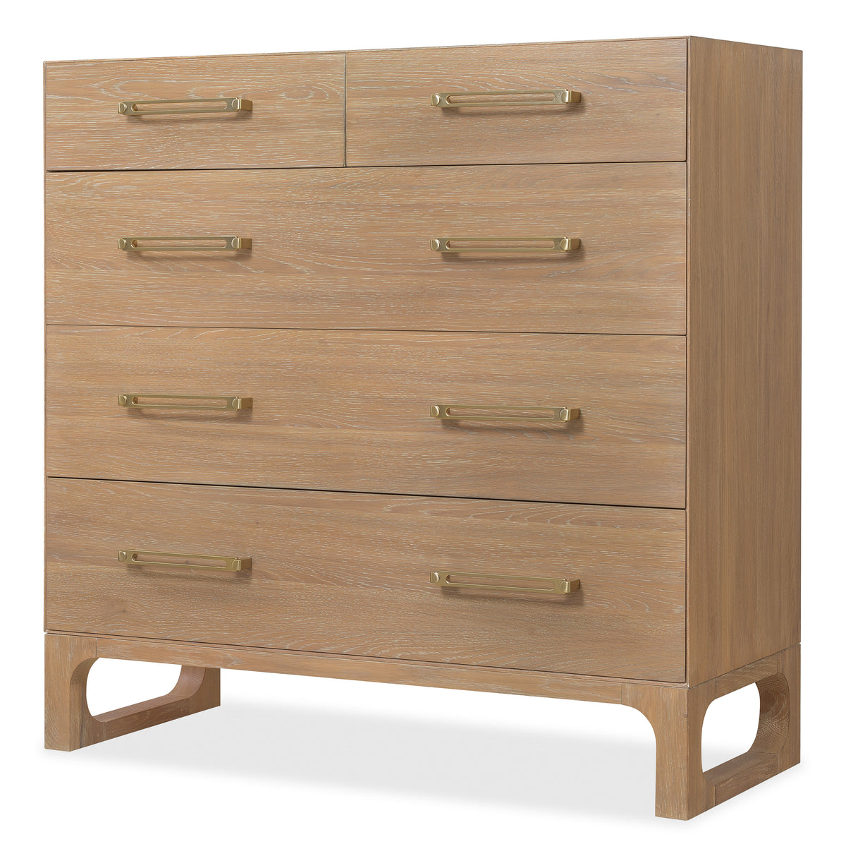 a wooden dresser with gold handles