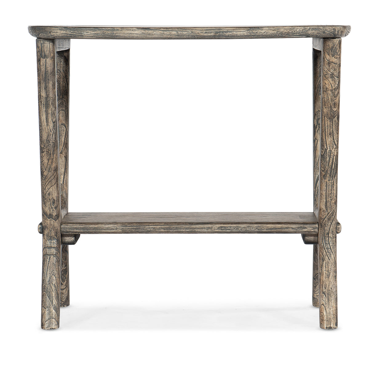 a wooden table with a shelf