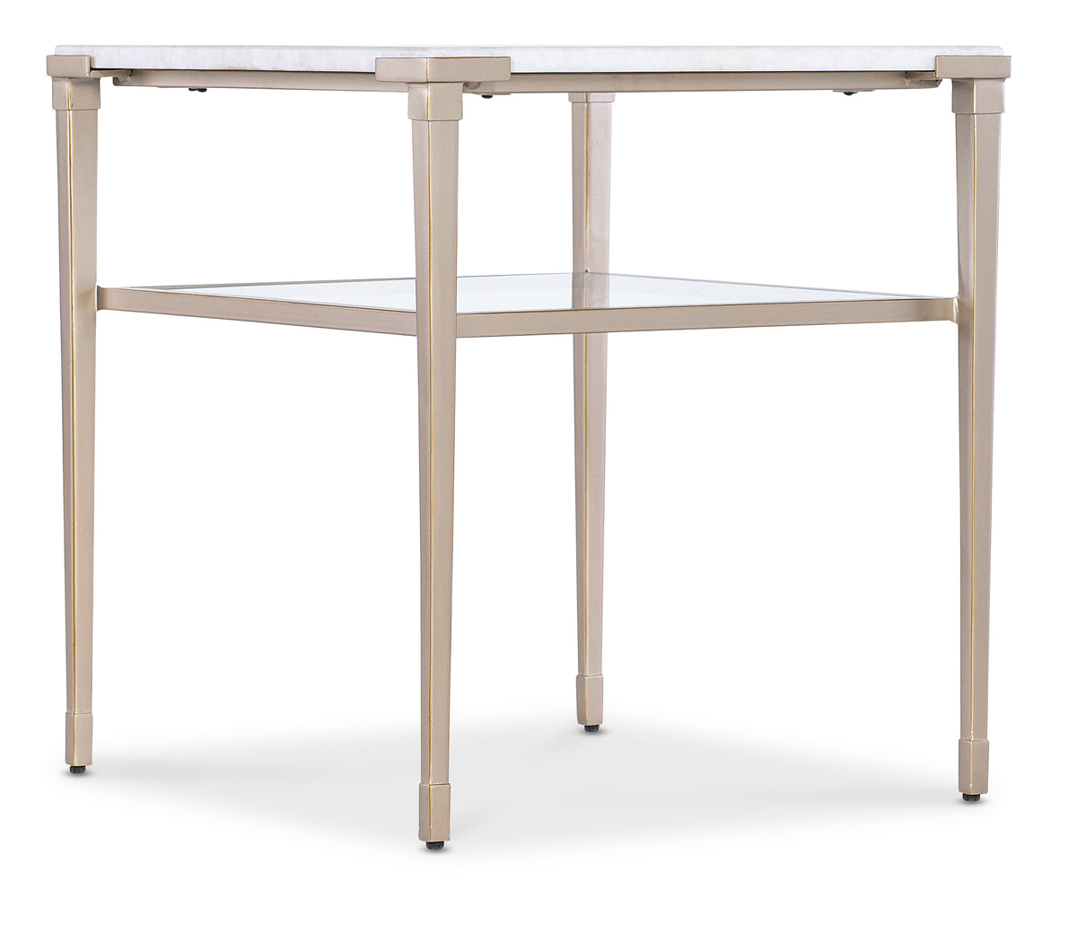 a white table with a glass shelf