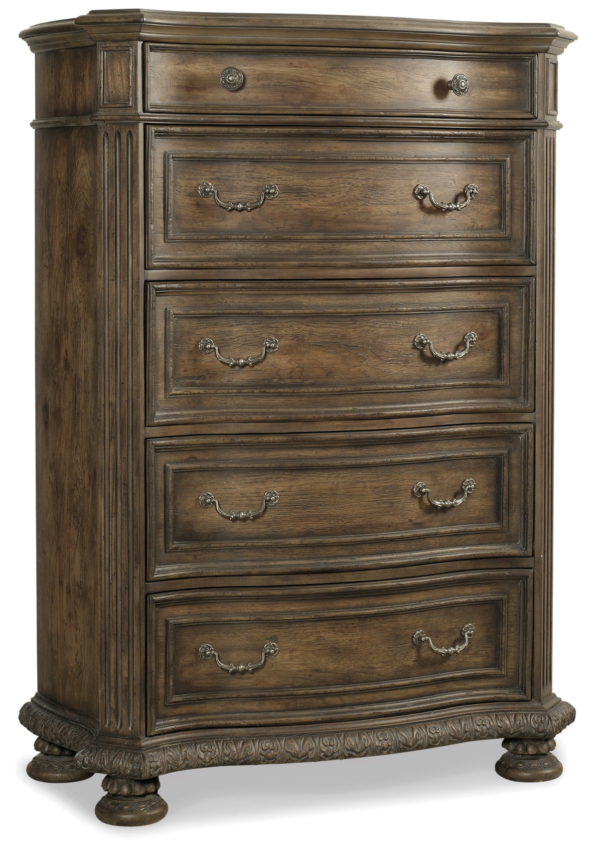 a wooden dresser with silver handles
