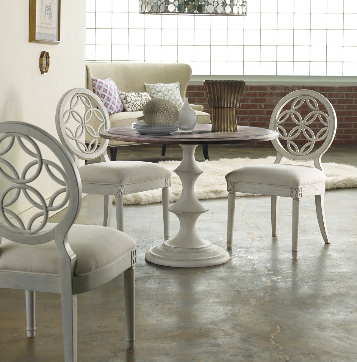 a room with a table and chairs