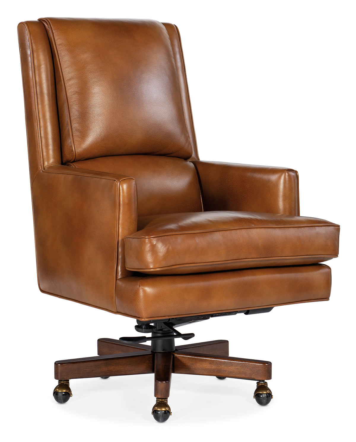 a brown leather chair with wheels