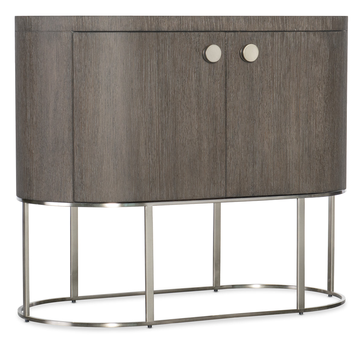 a brown cabinet with silver legs
